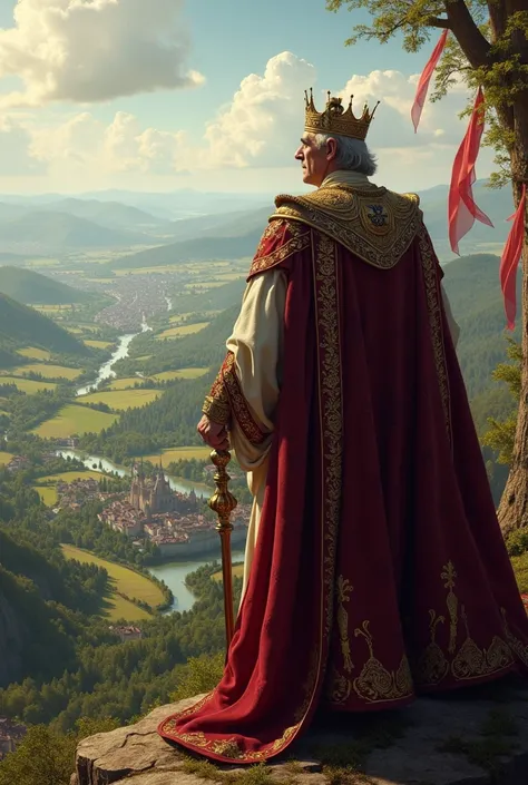 create a king in europe looking at his wide land