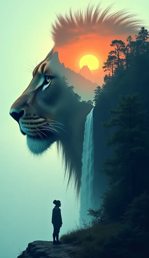 A surrealistic depiction of a lion profile with the silhouette of the pretty lions head containing a breathtaking landscape featuring a sunset or sunrise over a mountain range, a waterfall cascading down a cliff, and dense forests. The lions face is juxtap...