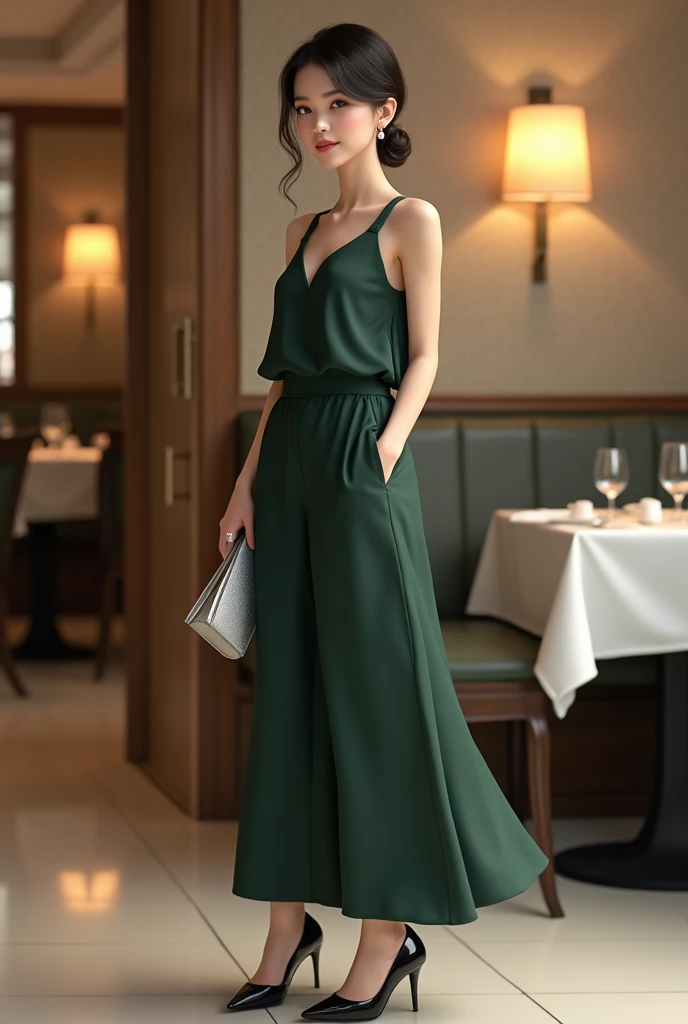 A girl in dark green colur sleeveless loose a line jumpsuit with black heels and pearl earrings, hair in bun with some strands of hai falling on her face, have silver clutch in her hand amd restaurant background.