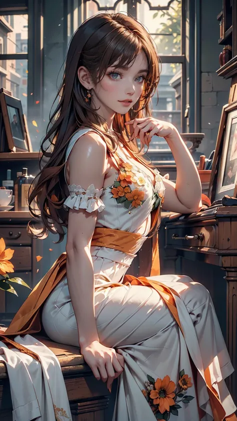 (masterpiece:1.4), ( best quality:1.4),  fantasy , extremely   Details,  complicated, hyper   Details, Illustration, soft lighting ,  1 girl ,  orange hair_flower,  dress, bend_End , Green, (perfection_face),  sitting , machine, Gorgeous,  complicated,  Dr...