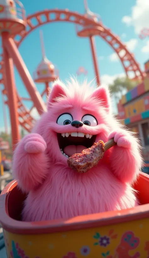 "A pink furball character is in an amusement park, devouring a piece of lamb meat. He is on a rollercoaster, with his hands up and a smile of pure excitement.