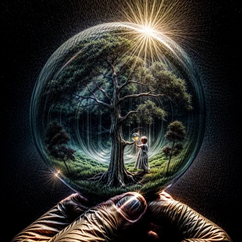 in the center of the image , closeup, hands held together , a tree of life ,  on every tree branch is a magical bubble , in each bubble is a little baby inside , the background is in like matrix , symbols, 