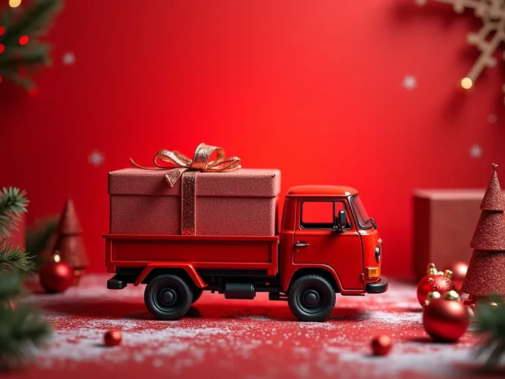 Red truck carrying a large wrapped gift box, set against a vibrant red background with Christmas decorations, evoking festive cheer and holiday spirit.