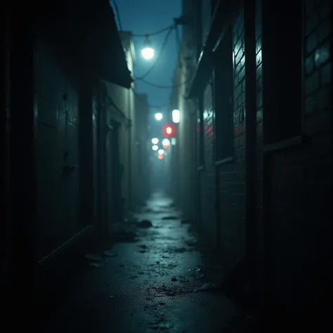 Image of a city alleyway at night with a sense of hand-shake blur and slight pinhole distortion, emphasizing tension and unease. The overall atmosphere should evoke a feeling of foreboding and anxiety. In the background, the neon lights of the cityscape gl...