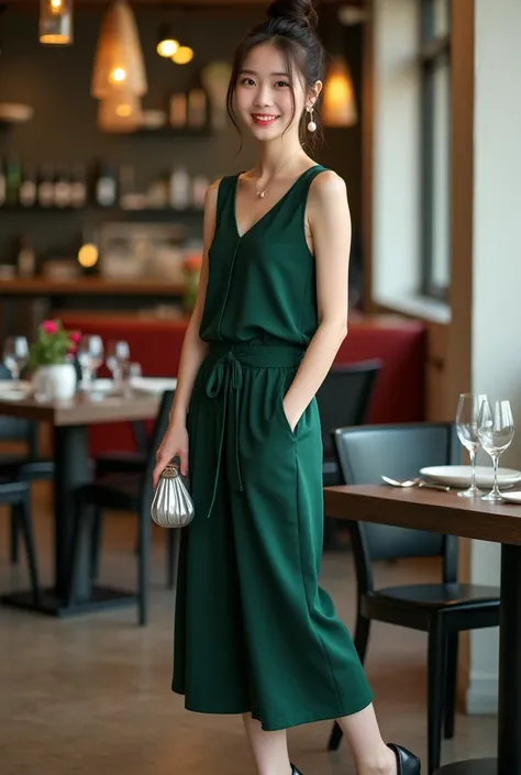 A candid picture of girl  in dark green colur sleeveless loose a line jumpsuit with black heels and pearl earrings, hair in bun with some strands of hai falling on her face, have silver clutch in her hand and restaurant background.