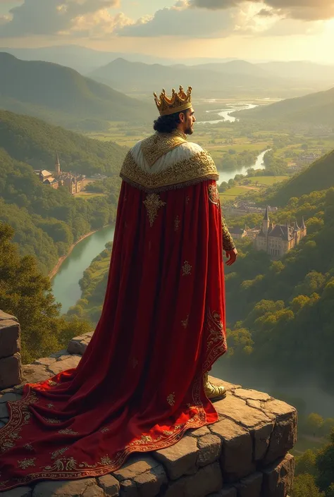 create a king in europe looking at his wide land. in landscape