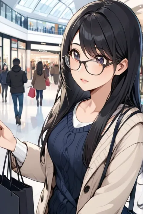 Black hair, long hair, glasses, winter clothes, shopping, shopping mall