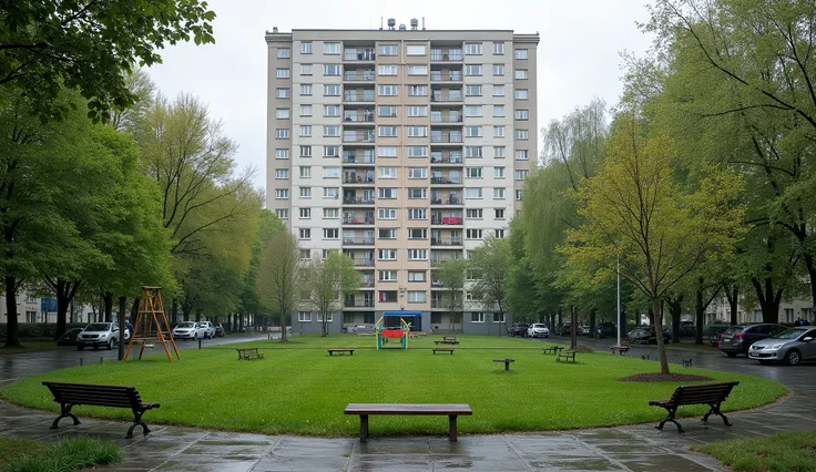 A high-rise nine-story panel building in Kyiv, typical architecture from the 1980s. In front of the building, there is a small courtyard with green lawns, a few old chestnut or linden trees, paved paths, and benches. To one side, a rens playground with swi...