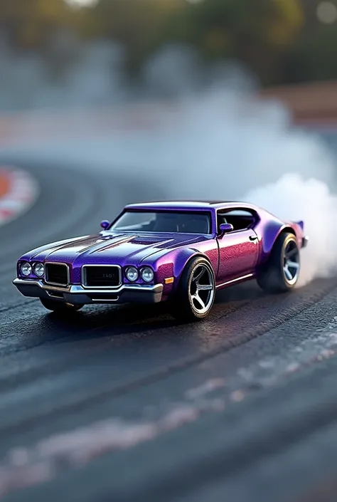 Generate "purple old 442 hot wheel realstic toy car  drifting on track in backside image"