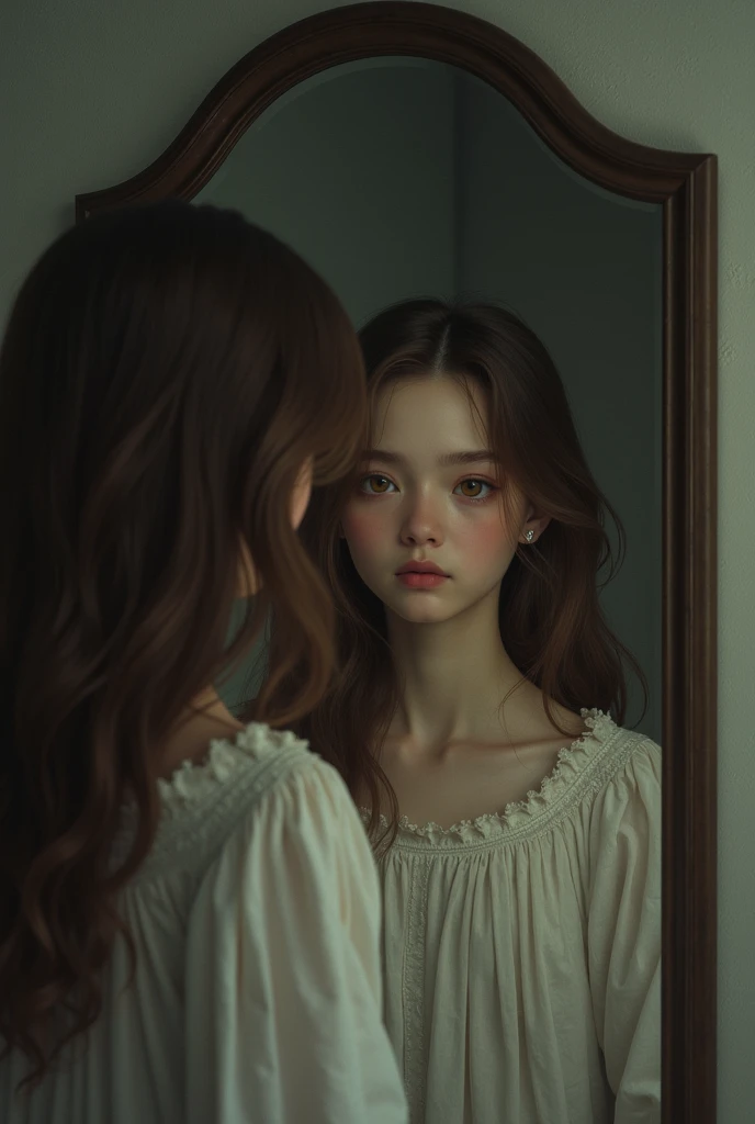  A girl with brown hair and amber eyes looks in the mirror. Mystery Realism 