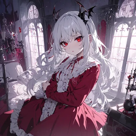 beautiful, Vampire, White hair, pajamas, Red eyes, bedroom