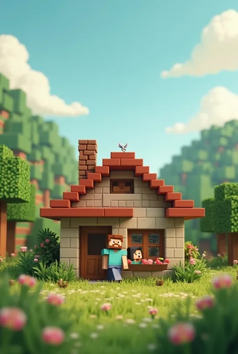 Steve character in Minecraft and his wife live together happily ever after in tiny house