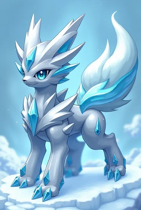  Create a legendary Pokemon of the type Steel and IceGlaciSteel has an imposing and elegant appearance ,  with a body composed of shiny metal plates that appear to be frozen in a layer of pure ice.  Their limbs are sharp , similar to spears ,  and their ey...