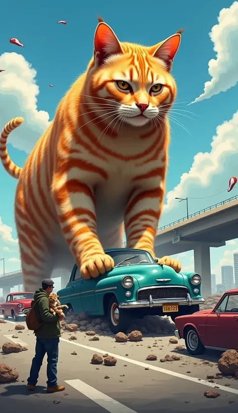 "A gigantic orange tabby cat with prominent stripes, crouched on a busy highway, crushing a green car under its massive paw. The scene is chaotic, with smashed vehicles scattered across the road, other cars trying to escape, and debris flying. The cat appe...