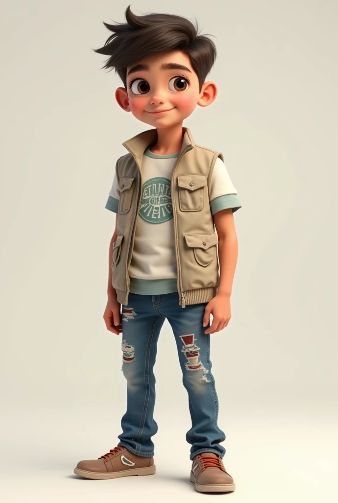 Gilet,tee-shirts,blue jeans with prints worn by a boy 