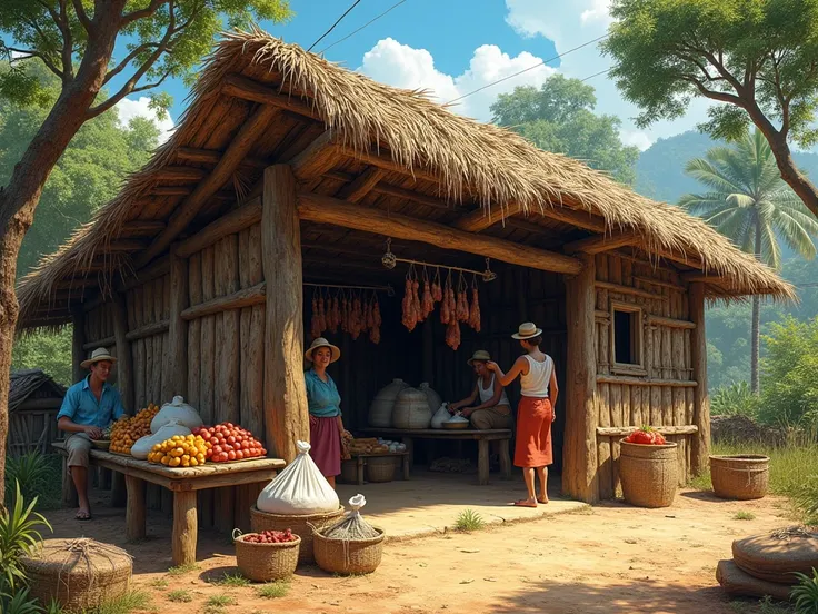 " A rustic Northeastern style shelter ,  built with a simple wooden structure covered with coconut catolé straws.  The latada is located in a rural environment ,  surrounded by trees and vegetation typical of the hinterland .  There is a dirt floor ,  with...