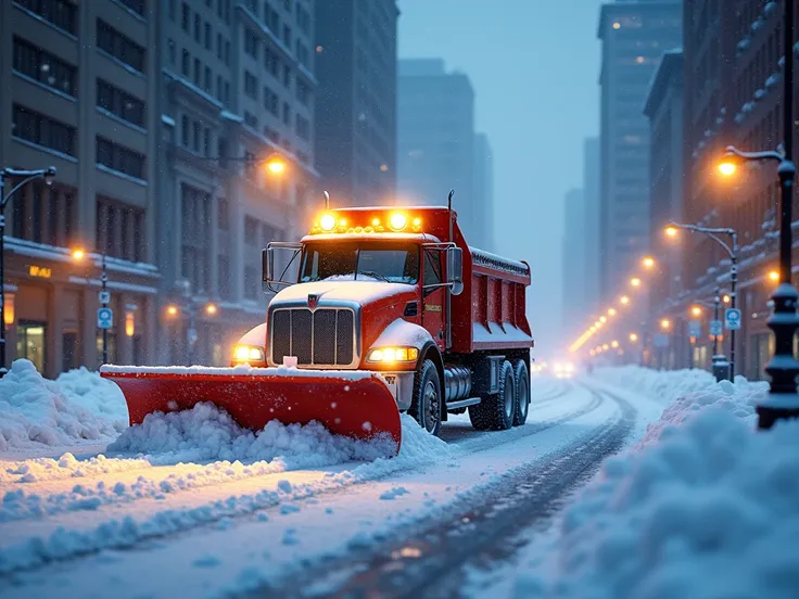 Snowplow truck clearing snow on a city street during snowfall, with glowing lights illuminating the urban winter scene.