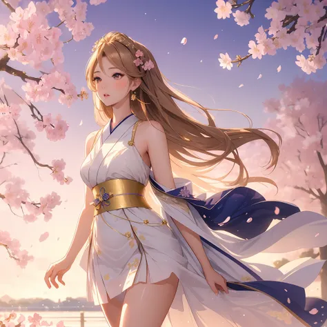 masterpiece, A high resolution, best quality, hyper HD, 16k, 1 young woman, create a tall, athletic young woman (Chihaya Ayase (Chihayafuru)) with sharp yet delicate features, standing confidently in a traditional Japanese setting. She has long, flowing br...