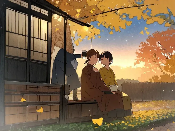 While sheltering from the rain on the bench under the eaves、A couple is drinking sake,Autumn evening,The sunset is falling while the sun is shining ,A rainbow appears, there is a ginkgo tree in the garden ,The two of us laughing alone