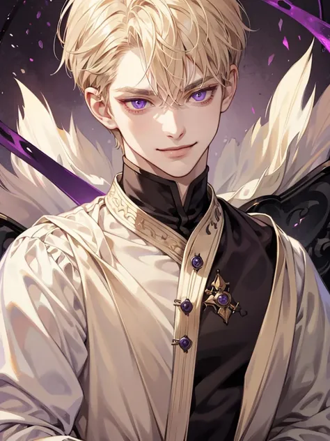 boy, with purple eyes, cream beige short hair. wear prince uniform, he so arrogant, sadistic, handsome. sadistic eyes. he teenager. sadistic smile, thin. sadistic smiling. have big eyes. intimidating. smirk. big eyes. background in kingdom garden. 