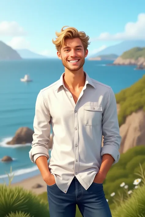 young man from Åland Islands wearing casual clothing, standing outdoors on a sunny day. He has a friendly smile, short blonde hair, and light skin tone. His outfit includes a relaxed-fit white shirt with rolled-up sleeves, navy blue jeans, The background s...