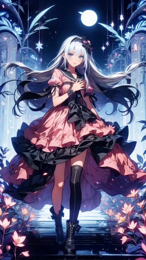 anime style、story、、   pretty girl 、とてもcute天使、  pink gothic dress  、cute、baby face、smile、  long skirt 、   black boots 、very cute ...