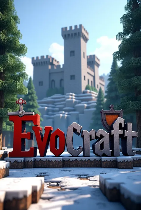 All Minecraft style the name Evocraft with medieval letters, a castle in the background on the Taiga biome   , and a shield and sword and that the letters are white and red in the EvoCraCFT