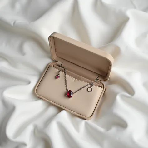 top view, of a very minimalist and elegant open beige suede case with a ruby necklace and another with a modern design, on top of a white silk sheet bed , image in shades of white ,  Minimalism, sensuality, Delicacy. 4K, lora, high definition, details, 