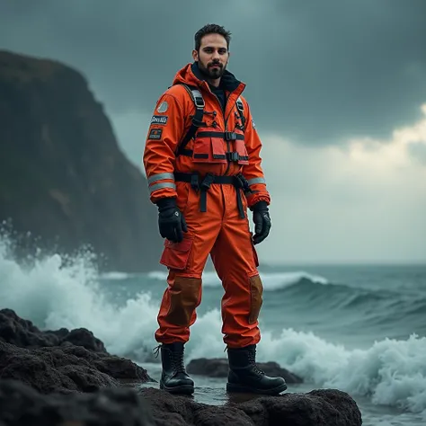  He wears sea rescue clothes  