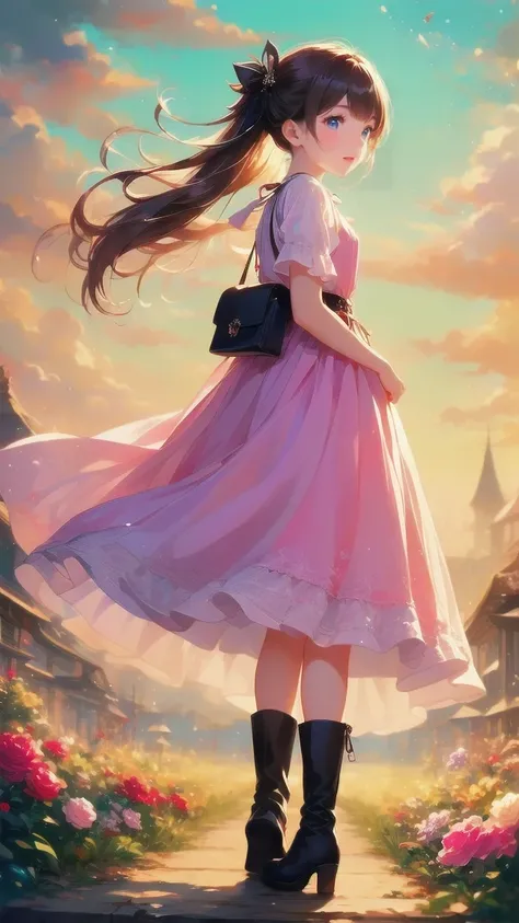 、  beautiful girl、とてもcute天使、  pink gothic dress  、cute、baby face、smile、  Long Skirt、  BLACK LONG BOOTS  、
