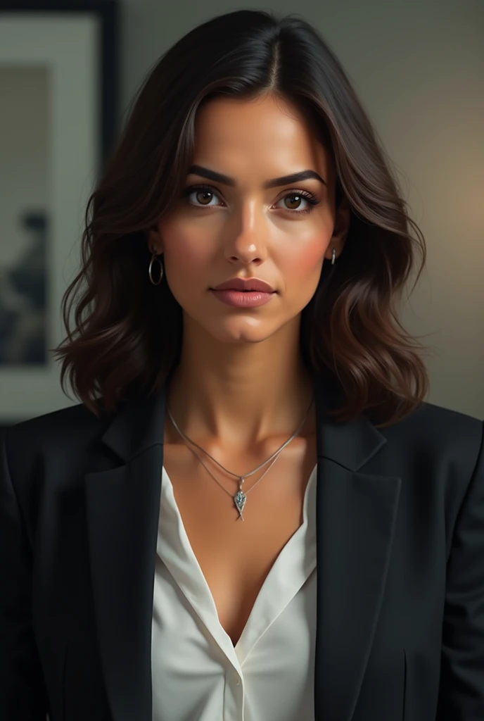 A realistic portrait of Lucia Esperanza, a 36-year-old FBI agent with a sharp, commanding presence. Lucia has medium-length, dark brown hair with soft waves that frame her angular face, emphasizing her high cheekbones and strong jawline. Her deep-set, almo...