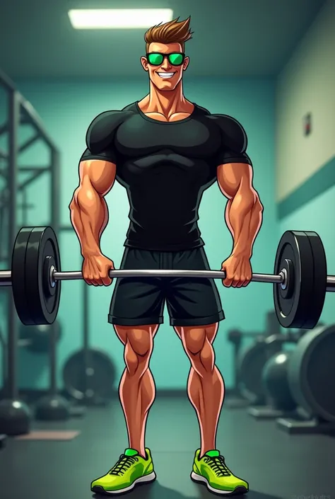 Man in a gym in tall cartoon , delgado, canelita leather color ,  with black lenses with green shirt ,  black shorts and bright green shoes.  With a barbell on one side and the word PUMBCROSS 