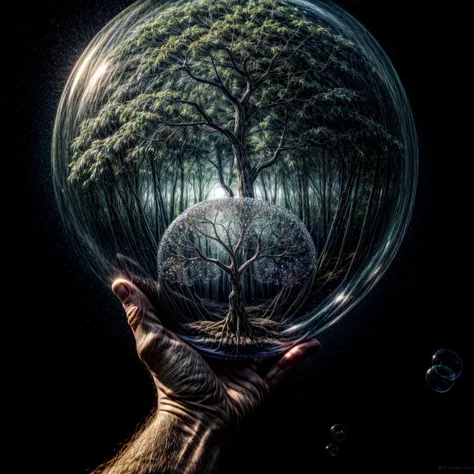 in the center of the image , closeup, hands held together , a tree of life ,  on every tree branch is a magical bubble , in each bubble is a little baby inside , the background is in like matrix , symbols, 