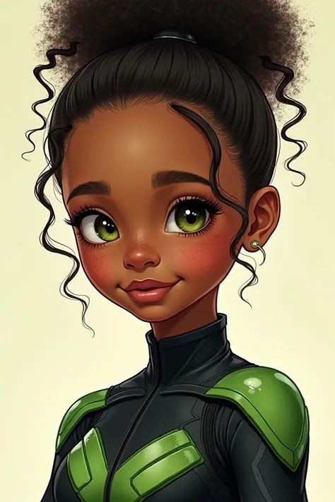 Two images of a black girl with freckles and another image of the same girl wearing a black and green superhero costume with green eyes 