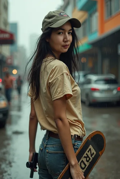 ８K,realistic photo、realistic skin texture、A beautiful Malay woman living in America＆He turns around holding a Wesson M442 compact revolver.、Dirty and torn oversizedＴshirt、baseball cap、Dirty high-top Vans sneakers、Holding a skateboard in one hand、Its rainin...