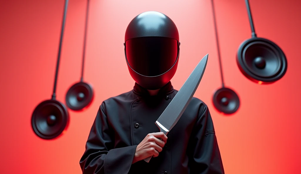 Title  :  PETIT THE CHEF and Create a Super Realistic Image of a Young Chef Wearing a Futuristic Black Motorcycle Helmet That Covers His Face and a Large Knife in His Hand and with a Flesh Background and Hanging Speakers !