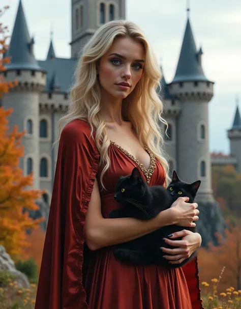 Blonde woman, in front of a large Canadian castle, wearing a cape with an autumn sexy style dress, realistic, skin detailed, (big breast:1.2), sexy, classy, ​​black cat in her hands, charismatic