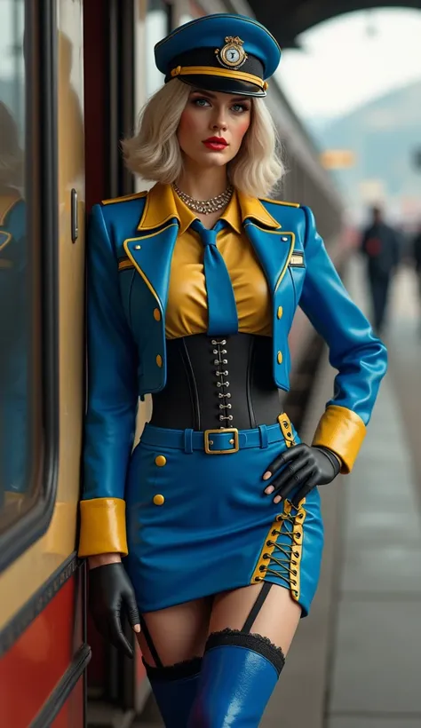 Sea Art 2.0.  The full height of a beautiful girl with a gorgeous figure 38-40 years old ,  bob car hairstyle , she is a train conductor ,  she stands near the passenger train on the train station , plump lips,  blue eyes ,  red lipstick ,  precious neckla...