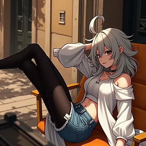 Masterpiece, Best Quality, Super Detail, Focalors (Genshin Impact), (White Hair), Very Long Curly Hair,, Very Big Black Eyes
(Wearing White Shirt), Sitting on a Chair Outside a Cafe, Embracing Natural Beauty, Sunlight, Beautiful Cloudy Sky, City, Street, D...