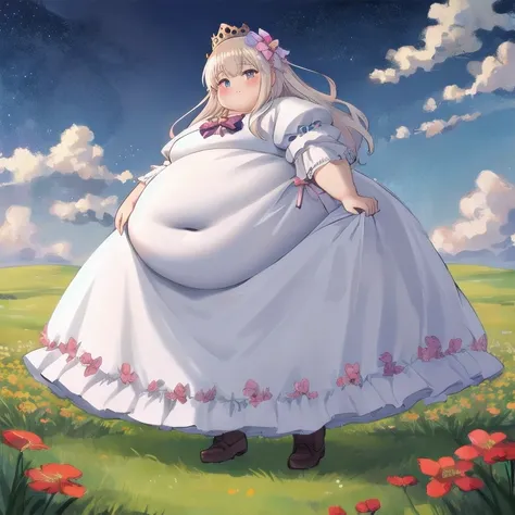 Beautiful Queen, obesity,  very large body , Belly protruding, Wear a bow ,  white princess dress, full body,
Field and flowers in the background ,
 achromatic ,
masterpiece,  Ultra Hi-Res,  High Quality ,