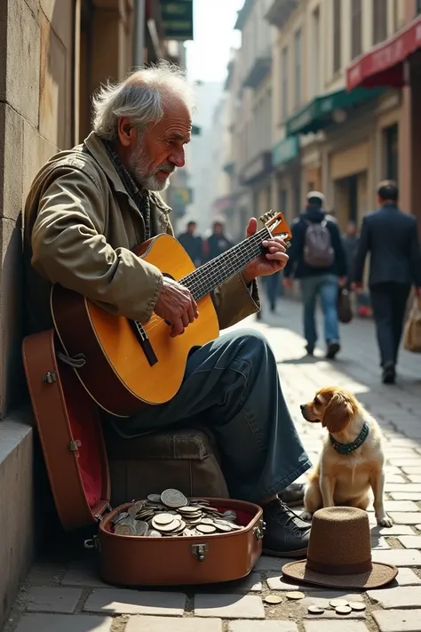 Draw a begger on a walkway playing a guitar and has money and coins in his hat and a  with a dog giving him money