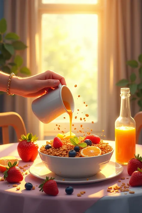 Breakfast Song


Wake up in the morning, the sun is shining bright,  
Time to start the day, everything feels right.  
Pour the milk and cereal, watch it float and swirl,  
Add some fruits and honey, give it a little twirl!.