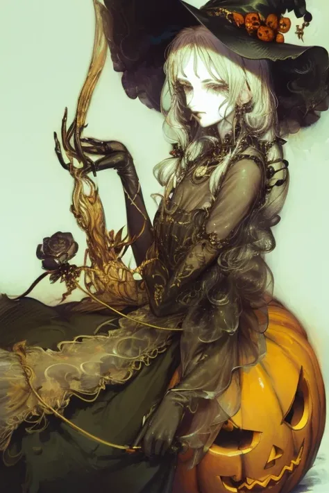 masterpiece,  style by NTY, a woman, yoshitaka amano character design, intricate black witch dress,  halloween theme, witch outfit, pumpkin