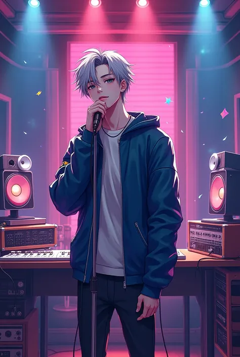 Make me an account backround foto of music studio with guy with the mic and write lil tuwi do it like anime and guy has to be white