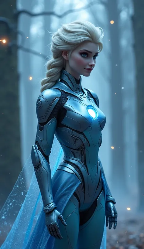 A realistic hybrid character of Elsa and Iron Man standing in a dark, mystical, and dense atmosphere. The figure combines icy elegance with futuristic metallic armor, featuring glowing frosty blue lights and a chest reactor. Elsa’s braided hair has metalli...