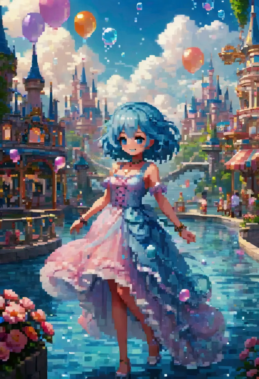 detailed colorful fantasy amusement park, magical bubbles floating everywhere，pixel art, low resolution,  block , pixel art风格, 8...