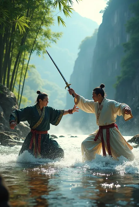 A dynamic and cinematic scene of two Chinese martial artists battling in a shallow mountain stream surrounded by lush green forest and tall bamboo trees. One warrior wields a gleaming sword, and the other uses a staff, their poses showcasing intense moveme...