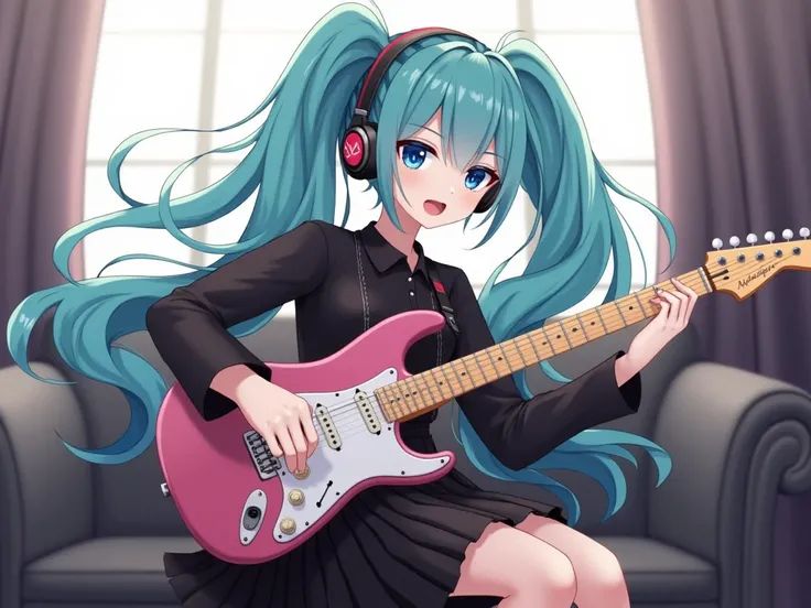 ((masterpiece, best quality))1girl, solo, black dress, blue eyes, electric guitar, guitar, headphones, double ponytail, holding, holding plectrum, instrument, long hair, music, one side up, teal hair, twin tails, playing guiter, pleated skirt, black shirt,...