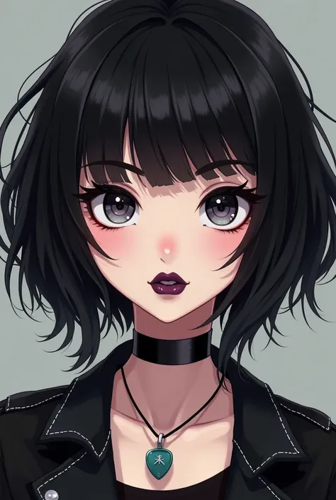 Create a girl with short front and back long but stylized hair and bangs with a nose piercing and white skin eyes with an eyeliner under the eyes and dark purple lipstick with medium lips and beautiful eyelashes black hair with a guitar pick necklace