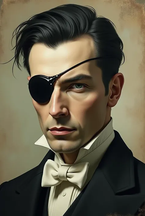 (photorealism:1.2) generate an old painting portrait of a pale man with dark hair in a slicked back hairstyle with side bangs on his left face. he has green eyes and has eye patch on the left eye. he wears old classic and vintage suit. 